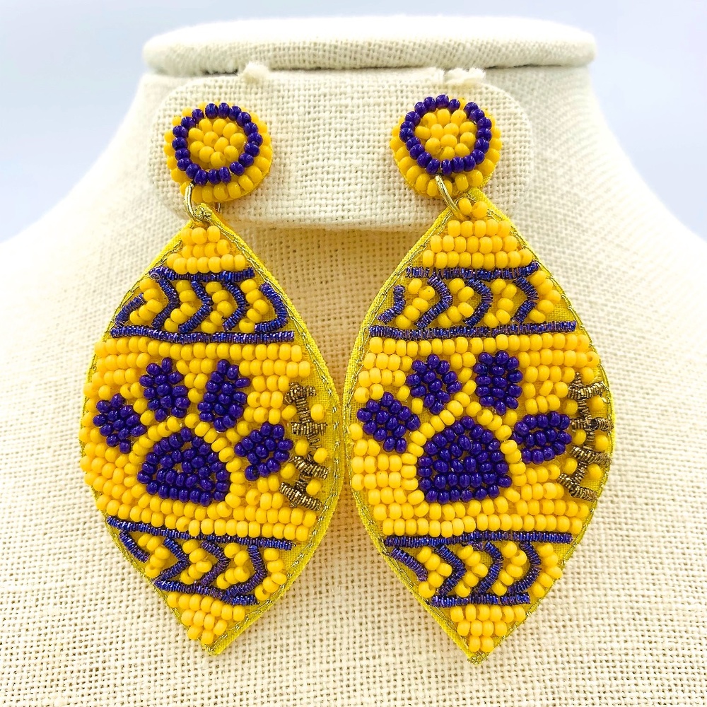 Paw Print Football Seed Bead Earrings - Yellow & Purple